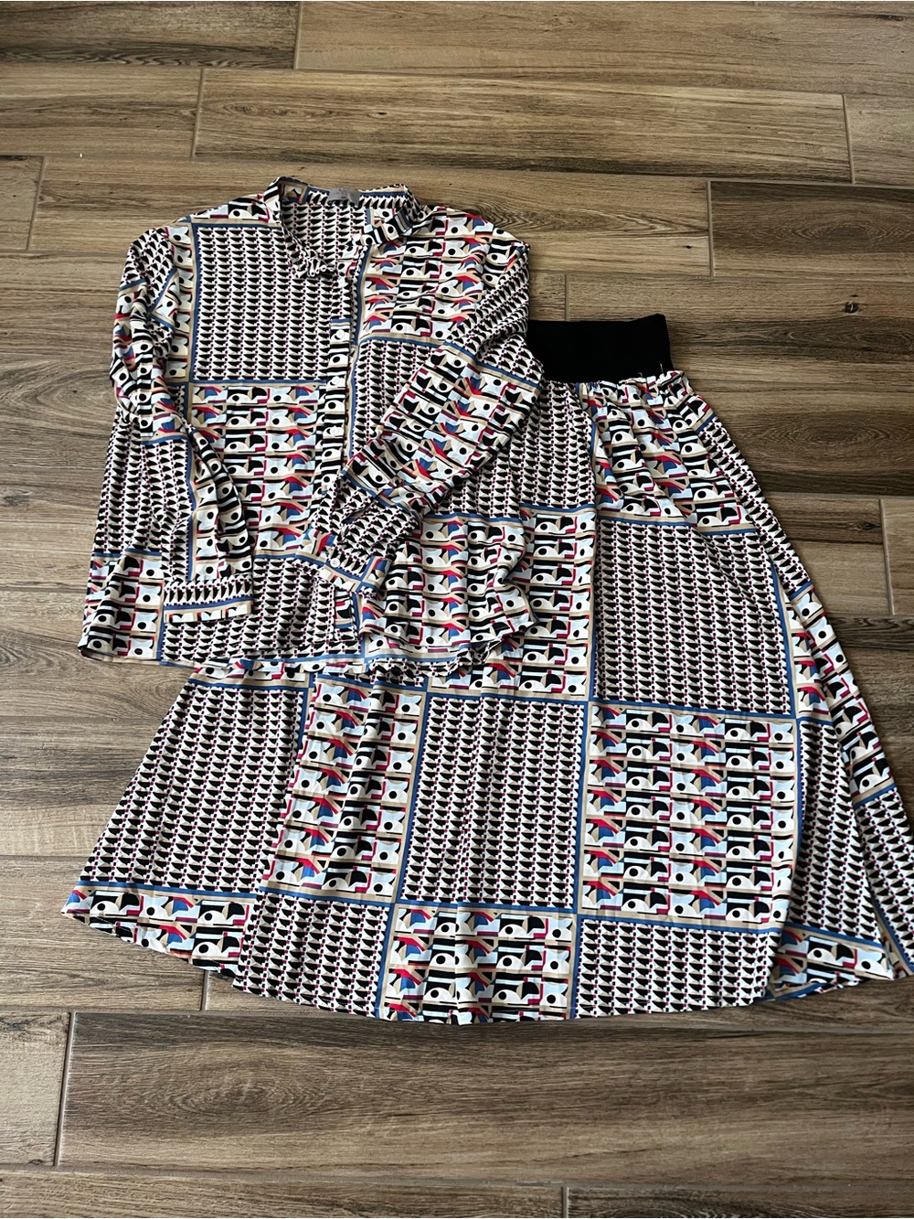 Tweed Brand Geometric Print A-Line Shirt & Skirt in Black and White
